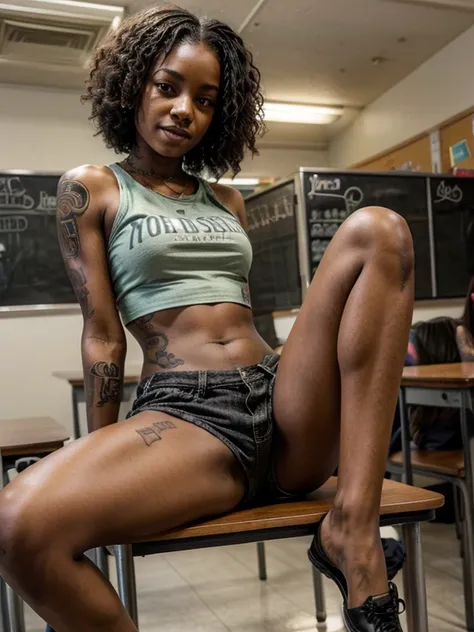 Young black student , tattooed, At school, In very short shorts, sitting on a table,  open legs 
