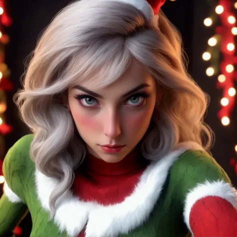 a cute woman, one of santas assessing elves, sexy costume, candy cane themed weapons, cute, bloody vengeance, gift stealing goblins, cave, detailed face, extremely detailed eyes, beautiful detailed lips, longeyelashes, beautiful detailed face, 1girl, detai...