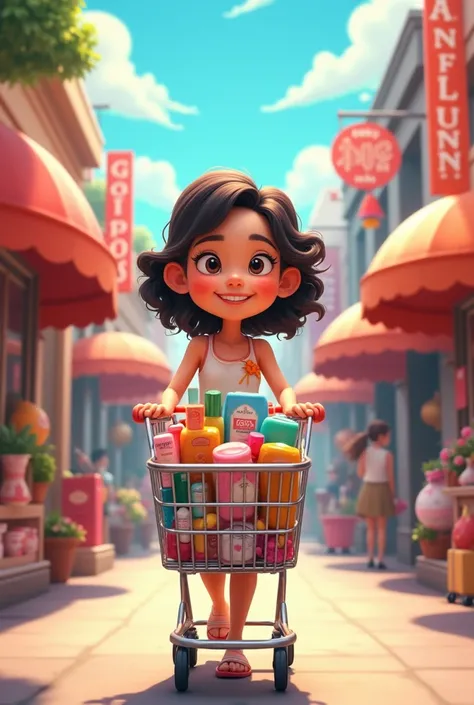 A 30-year-old cartoon girl with a shopping cart full of appliances, clothes and beauty products. 