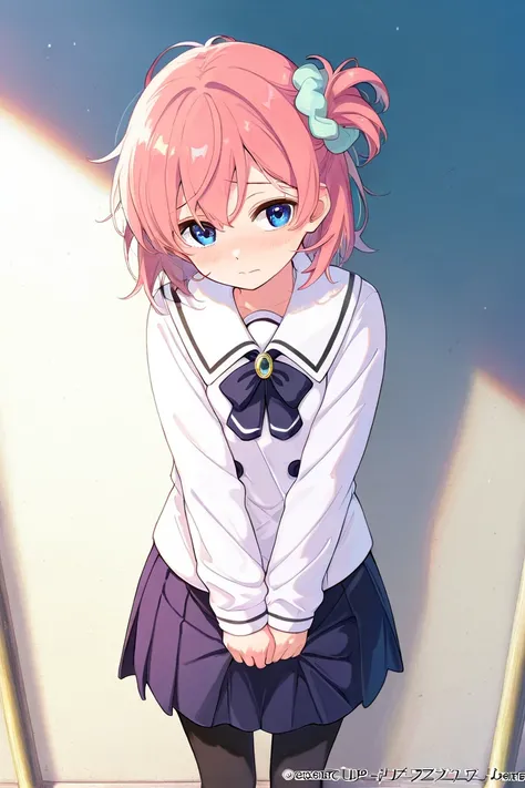 1 girl,Alone,,  official art ,  better quality,,  short hair a little messy pastel pink, school uniform from Japan ,  long black tights ,  blue eyes,  shy expression . A brooch of a cat in her hair 