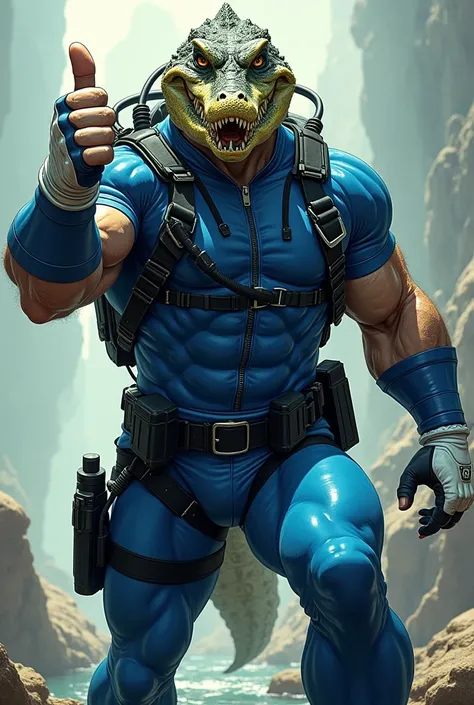 (A rugged beefy very muscular bulky serious crocodile man), (wearing blue fullbody zipper wetsuit), thumbs up pose, wearing bulky scuba gear, muscular physique, toned muscles, fierce, heroic, action, comic artstyle, bulky best quality, wearing white combat...