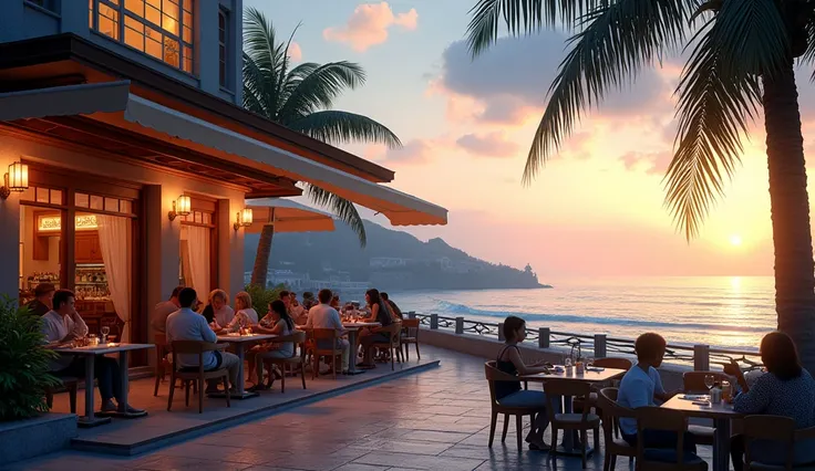 Masterpiece, 4K, a seaside cafe in the evening with the sea as the background. The camera angle is still and does not move.