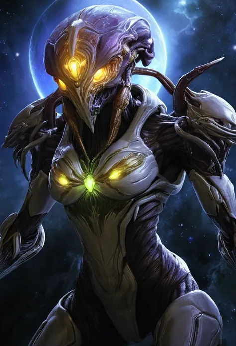  Sarah Kerrigan infecté , Au premier plan, univers de Starcraft 2 Heart of the Swarm , très grand fond magnifique en arrière plan futuriste planètes visibles dans le ciel... arrière plan zegling, hydralisks, ultralisk