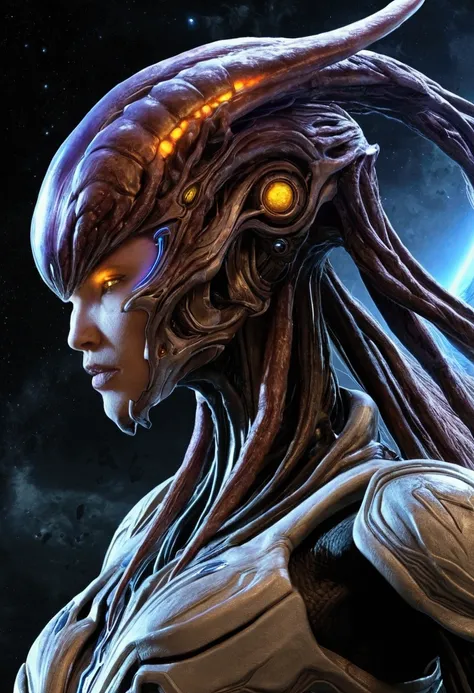  Sarah Kerrigan infecté , Au premier plan, univers de Starcraft 2 Heart of the Swarm , très grand fond magnifique en arrière plan futuriste planètes visibles dans le ciel... arrière plan zegling, hydralisks, ultralisk