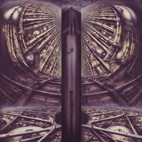 H. R. Gigers g1g3r, , Giger_style, Giger_style, The image is a detailed view of H.R. Gigers " Landscape XVI " plate, featuring a complex network of bones and organs in a purple-brown hue ,swirling gray and brown colors. The artwork is silver and purplish b...