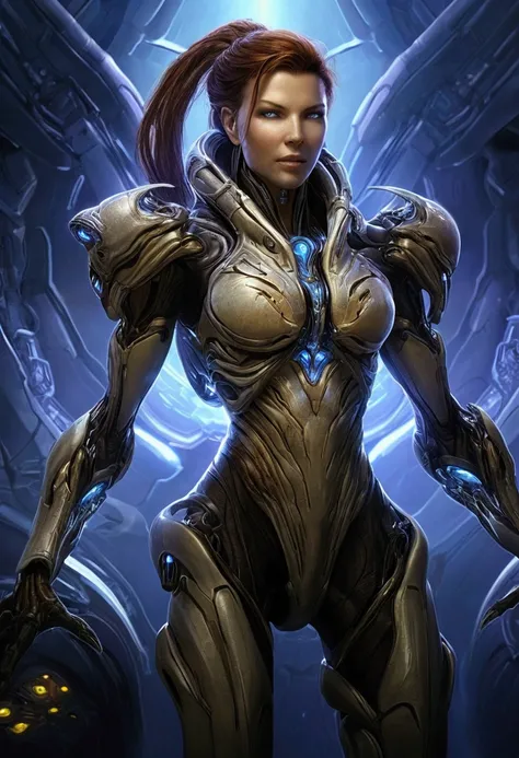  Sarah Kerrigan infecté , Au premier plan, univers de Starcraft 2 Heart of the Swarm , très grand fond magnifique en arrière plan futuriste planètes visibles dans le ciel... arrière plan zegling, hydralisks, ultralisk