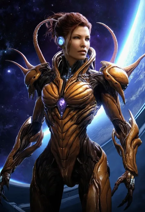  Sarah Kerrigan infecté , Au premier plan, univers de Starcraft 2 Heart of the Swarm , très grand fond magnifique en arrière plan futuriste planètes visibles dans le ciel... arrière plan zegling, hydralisks, ultralisk