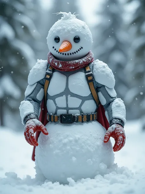 Realistic photo depicting a humanoid (anthropomorphic) superhero snowman in a high-tech superhero costume made of ice and snow, keep all the attributes of an ordinary snowman, the superhero snowman is fully consistent with the classic snowman, the nose of ...