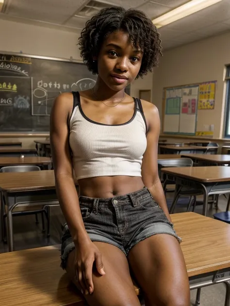 Young black student , At school, In very short shorts, sitting on a table,  open legs 
