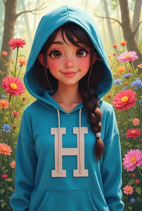 A girl in blue with an H on her shirt and a smiling face and a hood against a background of flowers 