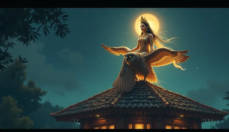 "An owl perched on the roof of a traditional Indian house at night. The goddess Lakshmi, depicted in traditional Indian attire with a golden aura, gracefully sits on the owl, radiating divine energy. The scene is serene, with a starry sky and soft moonligh...