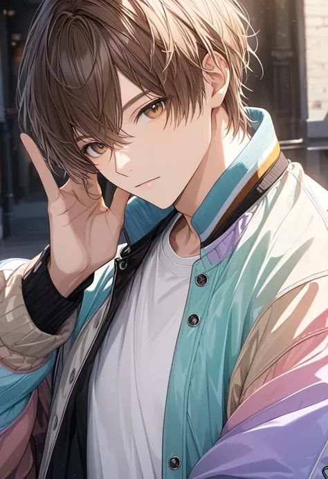 1.5, best quality, high quality, High definition, High quality texture, high detail, beautiful detailed, finely detailed, extremely detailed cg, detailed texture, 1man, boy, male, ((relaxed)), brown hair, multicolored varsity jacket, pastel colored jacket,...