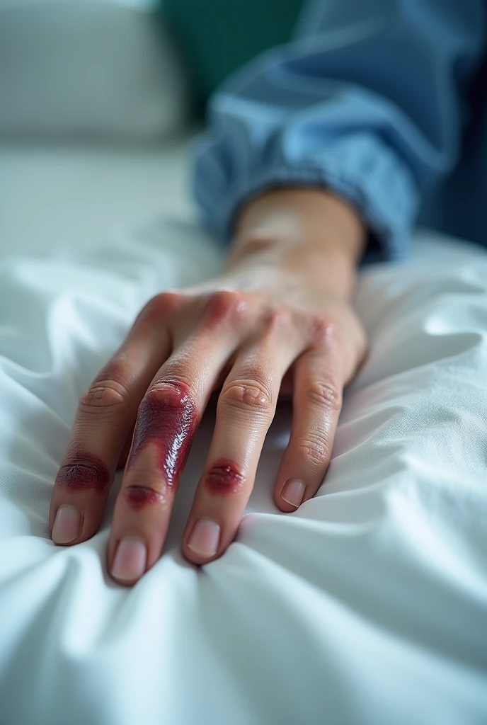 Photos of burns on left hand lying on the sick bed