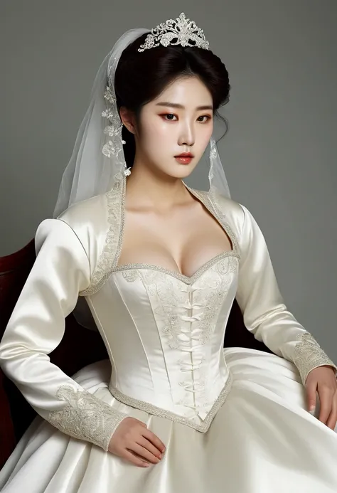 A Korean man had surgery to change his body from male to female, his body is completely female, he has big breasts like a woman, but his face is not changed and still looks like a man, His hair is still manly and short, he is wearing a womens wedding dress...