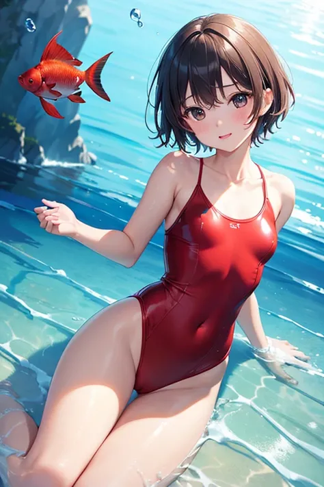  super high definition 、 real photo、( extremely detailed CG Unity 8K wallpaper、masterpiece)、(Best lighting、 best shadow、 very delicate and beautiful)、A petite, baby-faced woman with short hair swimming brilliantly in the ocean、《Red high-leg swimsuit with a...