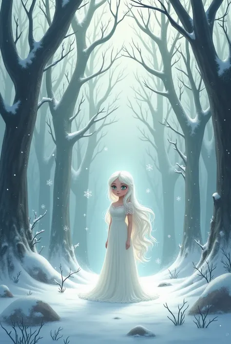  fairy tale illustration , about the Snow Maiden ,  who got lost in the snowy forest