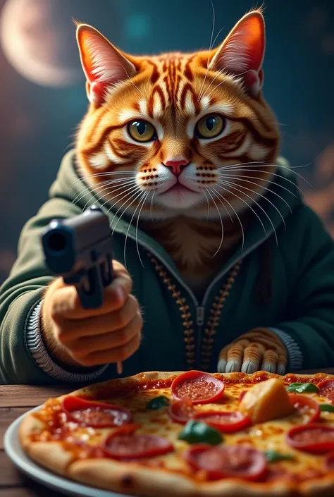 Best Quality,Highest quality, Detailed Details , reality,Focus , on cats A striped cat ,Muscular, bodybuilders, handgun, Gangsta rappers clothes, eating ramen , fantastic outer space in the background ,school of fish,pizza,