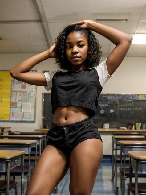 Young black student , At school, In very short shorts, Doing ballet pose,  open legs 
