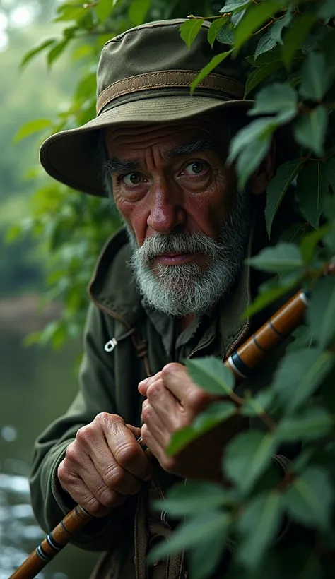 hidden fisherman  , behind a bush , escondido,  looking scared at something in front of him