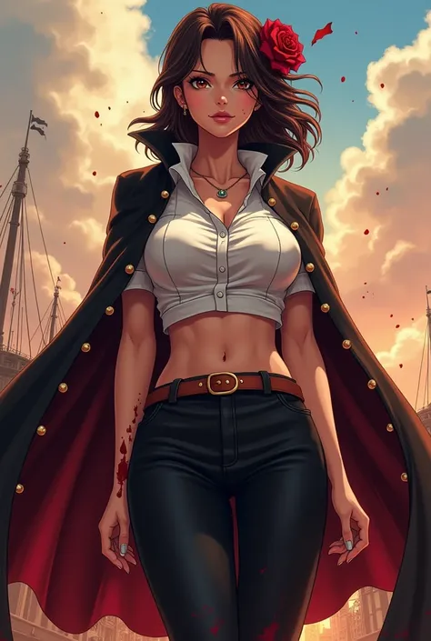  Anime-style animation one piece toei animation,  attractive woman with beautiful mature body with big hips, pretty waist and BIG BREASTS  ,linda ,with semi-short dark brown hair and very beautiful , 29 year old fair skin ,  dressed in a short white button...