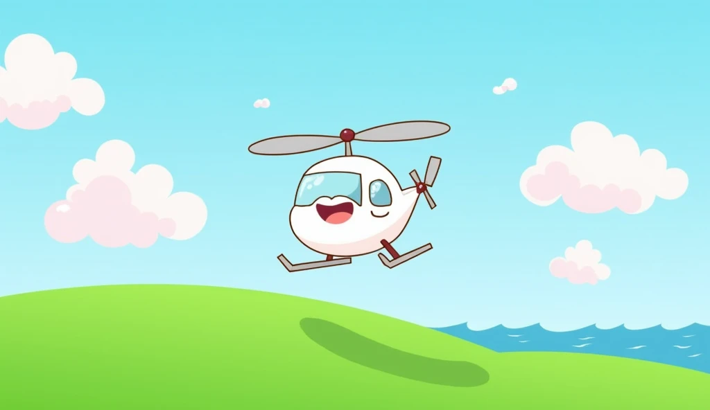 The image is a cartoon illustration of a small white helicopter flying over a green field with pink and blue clouds in the background. The helicopter has a round body with two propellers on either side and a small propeller at the front. It has a big smile...