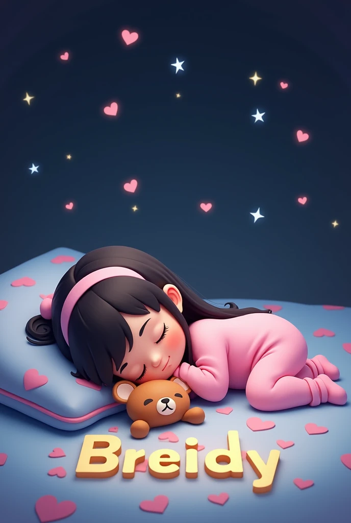 Little baby girl with long black hair asleep face down in pink pajamas and pink socks with cuddly bear plush lying on the floor on a sky blue blanket with pink hearts all over the blanket and pillow with dark background shining stars and the name Breidy in...