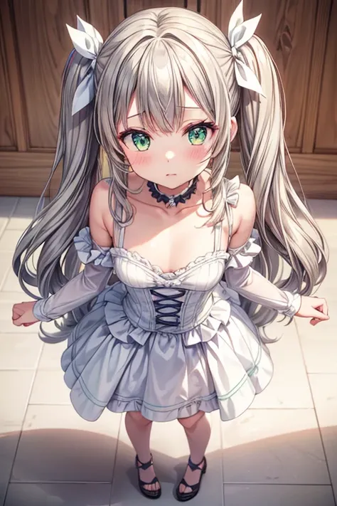 masterpiece, best quality, very aesthetic, zPDXL, 2023, anime style, huge filesize, wallpaper, BREAK suviav5, 1girl, solo, long hair, hair ribbon, green eyes, two side up, bosom, twintails, medium bosom, grey hair, (a domineering girl:1.3), curvy, choker, ...