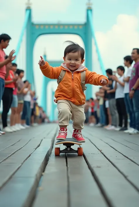 A small 3-month-old Japanese baby is enjoying skateboarding on the Rainbow Bridge　 high definition 、 top quality、 real　 Real Photos　8k　Adults are cheering all around 　 owesome clothes