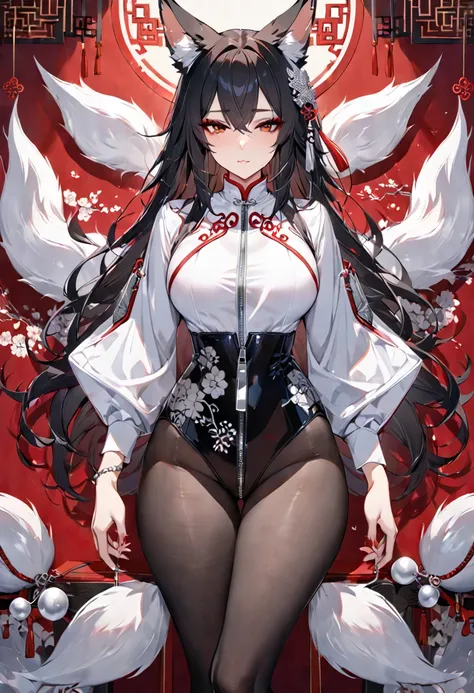 ( masterpiece fails,  top quality )  detail, Wearing black tights ,  silver accessories ,  Zipper not fastened  , Malchik, brunette ,  black hair,Elegant, (fox ears)， red eyeshadow , ， Chinese element pattern ，hip， white shirt inflate ，