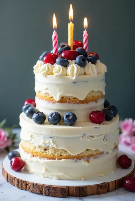 Raw photo) white chocolate cake with three layers of cake and covered with white ising down layer is large and midle is smaller than down and top layer is smaller than down layer top of it has blueberries and cherries and whipping cream and candles because...