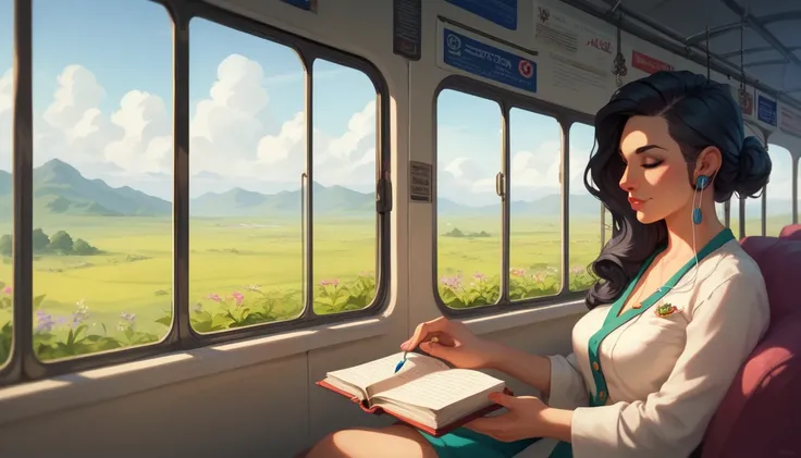 "An elegant Indian woman sitting by a window, listening to music through earphones while reading a book. She has long, flowing black hair, wearing a traditional saree with vibrant colors. The train interior is warmly lit, with a scenic view of green fields...