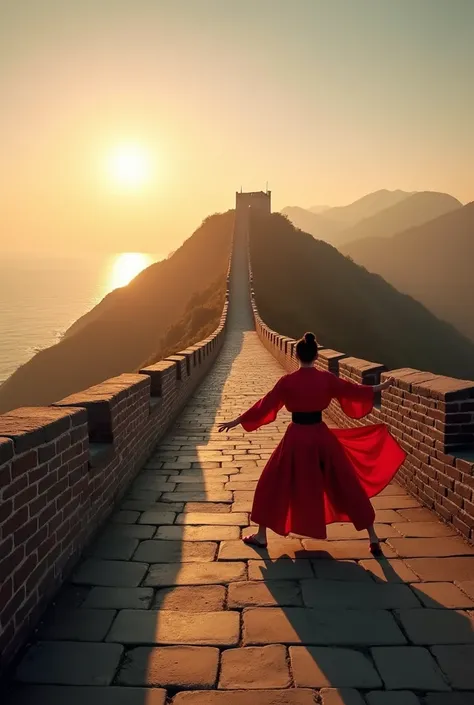 Wide angle, realistic details, long shot, bottom view, canted angle, 2 person, the tip of the Great Wall of China goes into the sea. 

A young man and woman in Chinese martial arts clothing were performing Chinese martial arts dances on the wall at the eas...