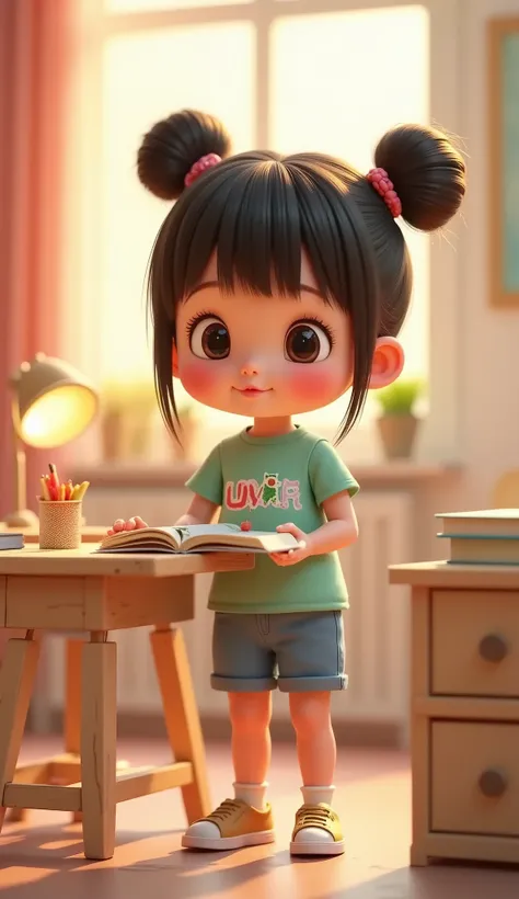 A cute and adorable  girl with her hair styled into two high buns and bangs, her shimmering hair strands glowing under the soft light of a desk lamp. She’s a beautiful  with rosy cheeks, wearing a pastel-colored shirt with the word “uwu” printed on the fro...