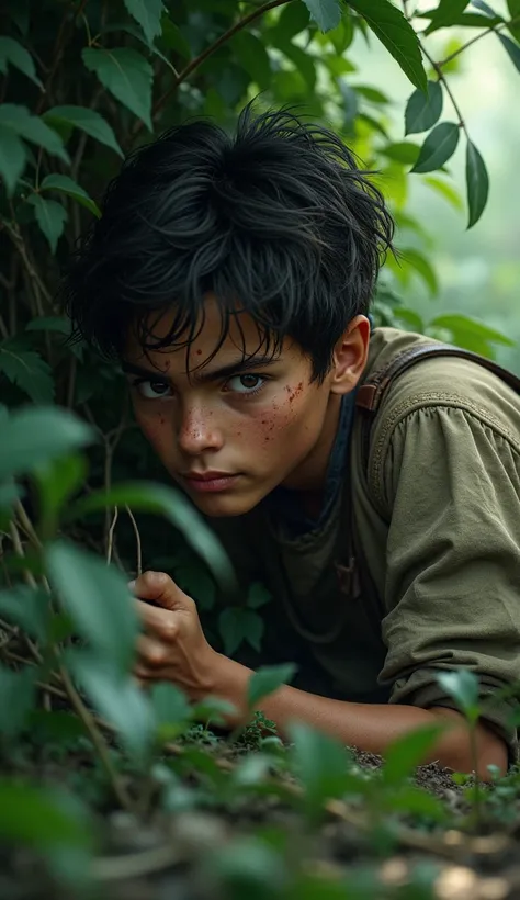 Hidden young fisherman , behind a bush , escondido,  looking scared at something