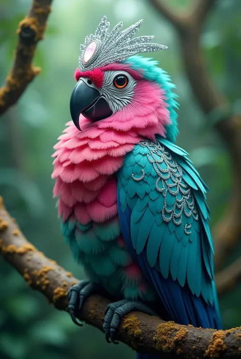 A surreal, multi-hued parrot perches on a tropical, moss-covered branch in a vivid enchanted jungle. Its feathers showcase gradient colors transitioning from bright teal to magenta, with silver outlines adding depth. A sparkling gemstone embedded in its he...