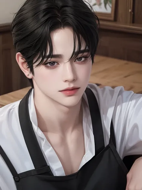 anime  Black-haired boy  ,  wearing apron ,  Black-haired boy  , Extensive Girl Anime Drawing ,  from the front line of boys ,  semi-realistic style anime ,  amazing anime face painting ,  Beautiful and detailed anime portrait,  perfect white haired boy  ,...