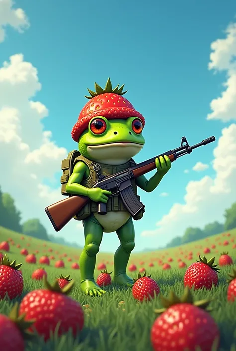  There is a frog soldier ， A strawberry with a red body， with a strawberry hat on his head ， standing upright in a strawberry field ，Salute to the military ，Carrying a rifle, PEPE FROG大战, 与草莓战斗,  Strawberry Fields Forever ,  Super Rich Happy Pepe  , Memes,...