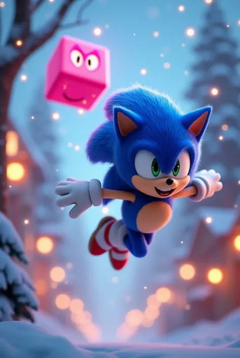 Sonic and a pink cube fly and have only two eyes on Christmas