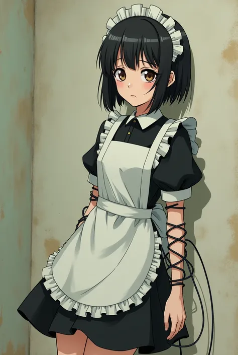 Generate an anime girl with dull eyes leaning at the right side wall wearing a maid dress with wires coming out of her arm and waist in old moe anime artstyle