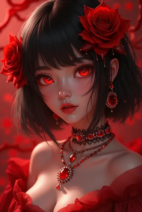 A brown skin pretty lady, brown skin niji character, red theme, red eyes, black short hair, red roses, red roses close to the left side of the face, red jewelleries, sparkling beauty, sparkling jewelleries, niji character, red gown, red gown