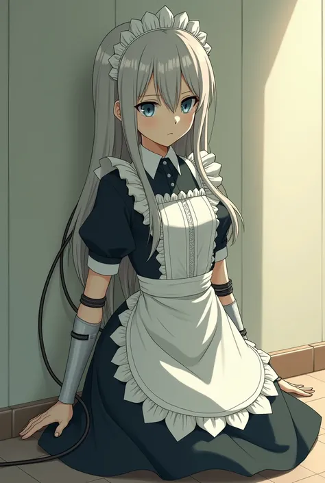 Generate an anime girl with dull eyes leaning at the right side wall wearing a maid dress with wires coming out of her arm and waist using old anime moe artstyle. Make her emotionless