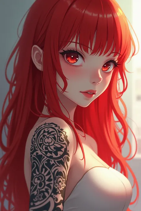 Young anime woman with long red hair with QoS tattoos on her body 