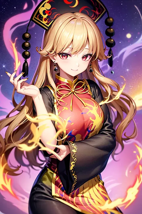 starry sky, yellow hair, wavy hair, hat, Chinese clothes, phoenix motif dress, ((masterpiece)), ((illustrator)), space, energy, crescent, fingernails, long sleeves, long fingernails, pointy ears, blonde hair, smile, long sleeves, wide sleeves, sharp finger...