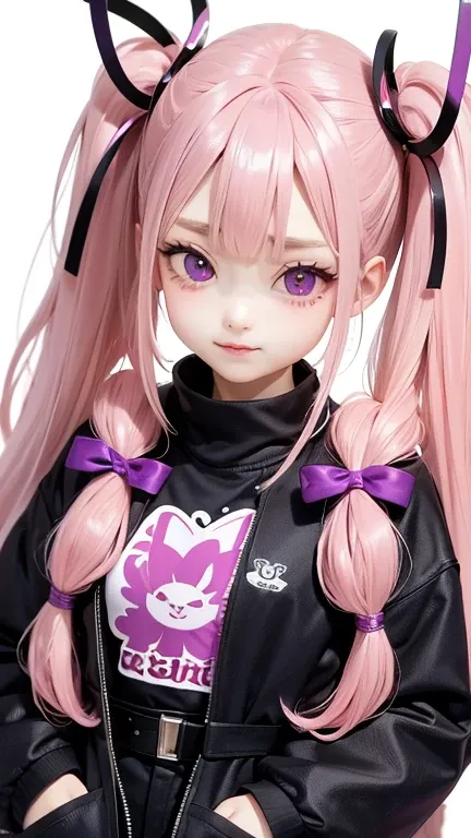 purple and white two-tone　 twin tails　Round eyes　Long eyeliner　 red eyes　 heart symbol　Pink shirt　 black jacket 　 bust up shot 　belt　 smirking 　Hands in pockets