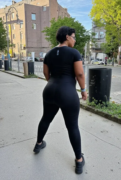  master piece ,hq photo,  Full body image  , very young Latin woman 19 years old , sexy back pose , dark skin ,very beautiful face , short gothic black hair with blue locks , big round butt with short transparent black yoga pants,  thick legs very tight bl...