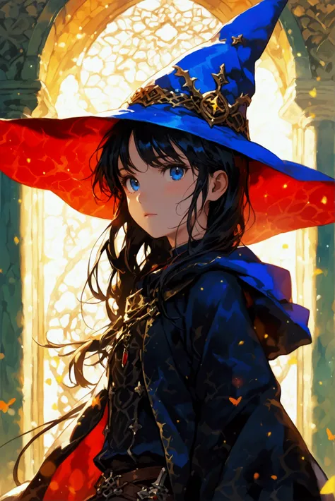 a girl wearing wizard hat is elemental in Deck, upper body, small head 