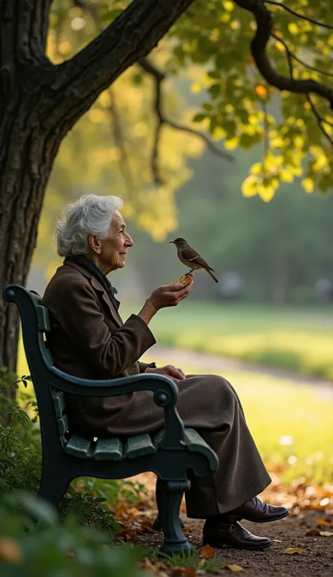 The old woman sat on the park bench, the worn leather cool against her skin. Sunlight dappled through the leaves of the ancient oak, casting dancing shadows on the path. A small, brown bird hopped onto the bench beside her, curious. It cocked its head, bri...