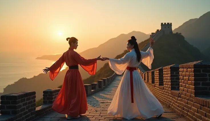 Wide angle, realistic details, long shot, bottom view, canted angle, 2 person, the tip of the Great Wall of China goes into the sea. 

A young man and woman in Chinese martial arts clothing were performing Chinese martial arts dances on the wall at the eas...