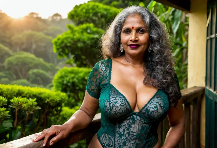 A mature thick big bust  with burgundy lips mature A mature Sri Lankan woman with thick, wavy grey hair leans on a rustic wooden balcony overlooking a lush tea garden. She wears a green lace bodysuit that perfectly hugs her thick curves, . Her pose, with o...