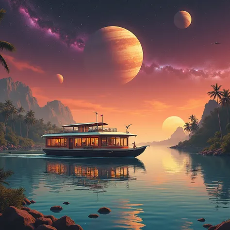 1950s retrofuturistic illustration, long shot view of a futuristic fiberglass and crystal keralan empty houseboat in a lush alien planet similar to kerala, alien kerala light orange bubbly backwaters landscape background, faraway outline of alien birds, de...